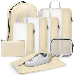 Gonex 8 Set Compression Packing Cubes, Expandable Mesh Organizer for Travel Accessories, Essentials With Toiletry, Laundry, Shoe, Cable Bags for Suitcases, Blue(8 PCS Beige)