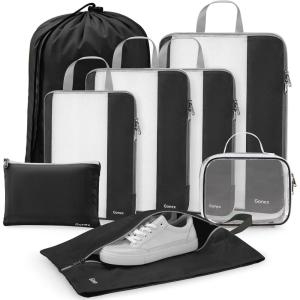Gonex 8 Set Compression Packing Cubes, Expandable Mesh Organizer for Travel Accessories, Essentials With Toiletry, Laundry, Shoe, Cable Bags for Suitcases, Blue(8 PCS Black)