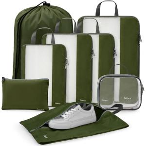 Gonex 8 Set Compression Packing Cubes, Expandable Mesh Organizer for Travel Accessories, Essentials With Toiletry, Laundry, Shoe, Cable Bags for Suitcases, Blue(8 PCS Deep Green)