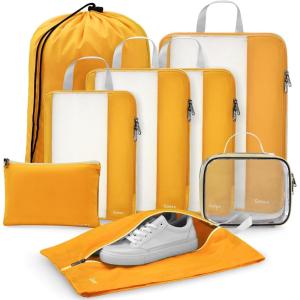 Gonex 8 Set Compression Packing Cubes, Expandable Mesh Organizer for Travel Accessories, Essentials With Toiletry, Laundry, Shoe, Cable Bags for Suitcases, Blue(8 PCS Orange)