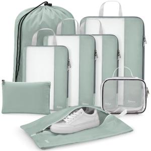 Gonex 8 Set Compression Packing Cubes, Expandable Mesh Organizer for Travel Accessories, Essentials With Toiletry, Laundry, Shoe, Cable Bags for Suitcases, Blue(8 PCS Gray)
