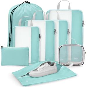 Gonex 8 Set Compression Packing Cubes, Expandable Mesh Organizer for Travel Accessories, Essentials With Toiletry, Laundry, Shoe, Cable Bags for Suitcases, Blue(8 PCS Grey Blue-green)
