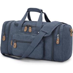 Gonex Canvas Duffle Bag for Travel 60L Expandable Duffel Weekend Overnight Bag men (Dark Gray)(Denim Blue)