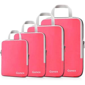 Gonex Compression Packing Cubes, 3pcs/4pcs Expandable Storage Travel Luggage Bags Organizers(4 PCS Bright Pink)
