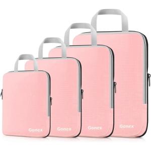 Gonex Compression Packing Cubes, 3pcs/4pcs Expandable Storage Travel Luggage Bags Organizers(4 PCS Pink)