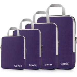 Gonex Compression Packing Cubes, 3pcs/4pcs Expandable Storage Travel Luggage Bags Organizers(4 PCS Purple)