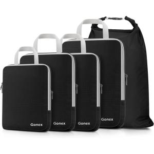 Gonex Compression Packing Cubes, 3pcs/4pcs Expandable Storage Travel Luggage Bags Organizers(5PCS Black)