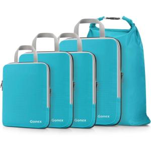 Gonex Compression Packing Cubes, 3pcs/4pcs Expandable Storage Travel Luggage Bags Organizers(5PCS Blue)