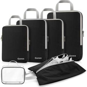 Gonex Compression Packing Cubes, 3pcs/4pcs Expandable Storage Travel Luggage Bags Organizers(6PCS Black)
