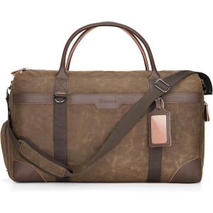 Gonex Waxed Canvas Duffle Bag for Travel, Water-resistant Vintage 55L Duffel Weekender with Shoes Compartment & Luggage Tag, Heavy-duty Overnight Bag with Suitcase Handle Sleeve for Men, Dark Grey(Dark Brown)
