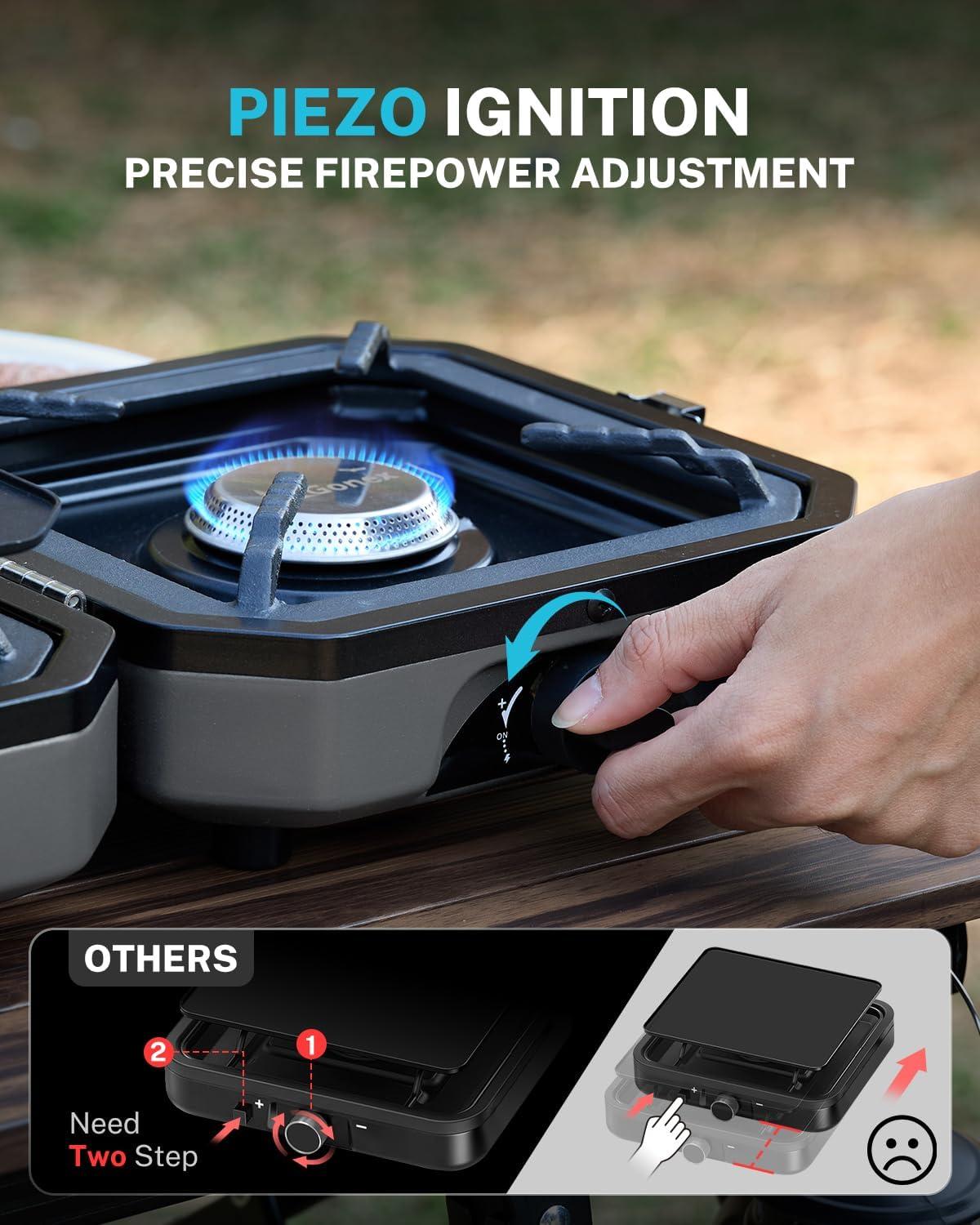 image:imageGonex 2 Burner Propane Camping Stove with Griddle amp Grates Portable Foldable Cooking Stove with Total 16000 BTU Two Piezo Ignition Adjustable Burners for Camping Patio Emergency Hiking BlackGrey