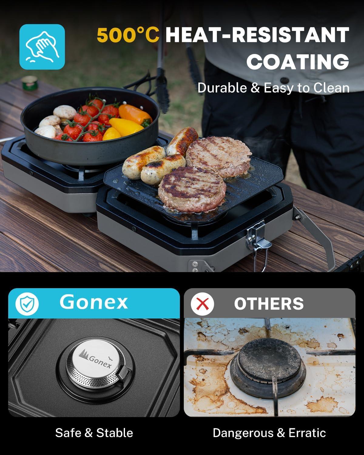 image:imageGonex 2 Burner Propane Camping Stove with Griddle amp Grates Portable Foldable Cooking Stove with Total 16000 BTU Two Piezo Ignition Adjustable Burners for Camping Patio Emergency Hiking BlackGrey