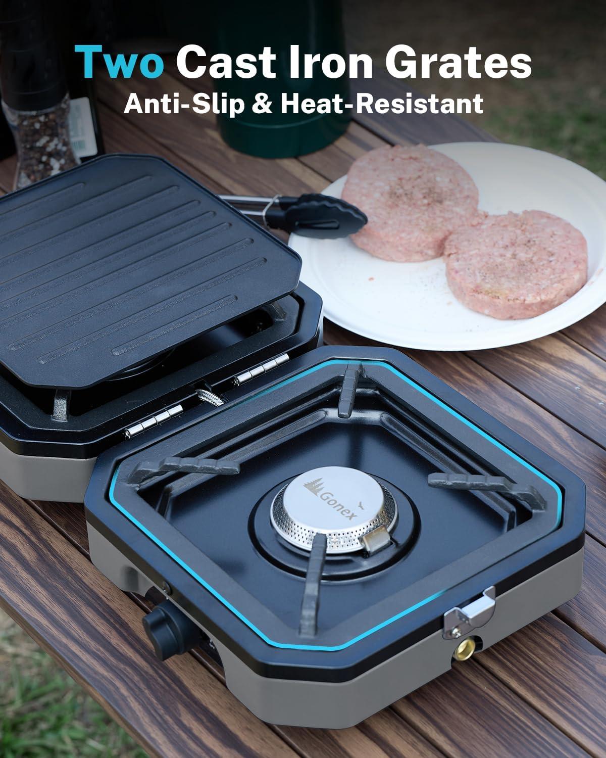 image:imageGonex 2 Burner Propane Camping Stove with Griddle amp Grates Portable Foldable Cooking Stove with Total 16000 BTU Two Piezo Ignition Adjustable Burners for Camping Patio Emergency Hiking BlackGrey