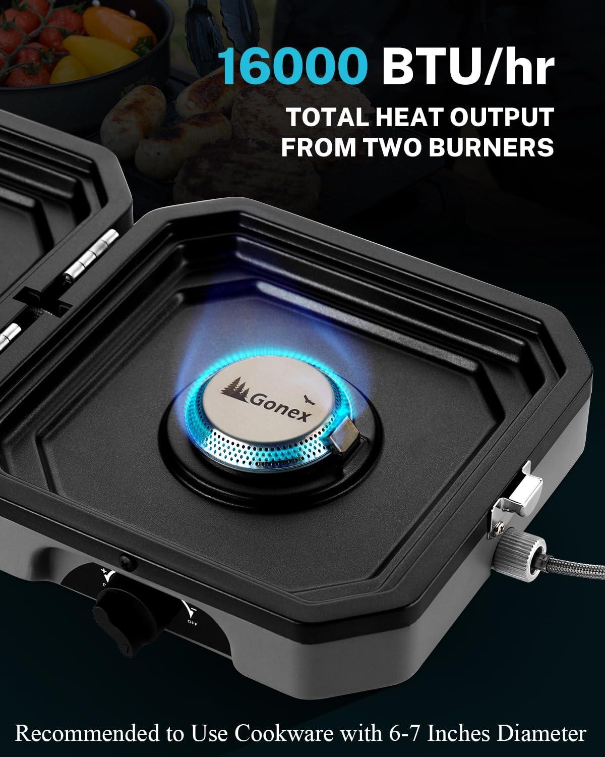 image:imageGonex 2 Burner Propane Camping Stove with Griddle amp Grates Portable Foldable Cooking Stove with Total 16000 BTU Two Piezo Ignition Adjustable Burners for Camping Patio Emergency Hiking BlackGrey