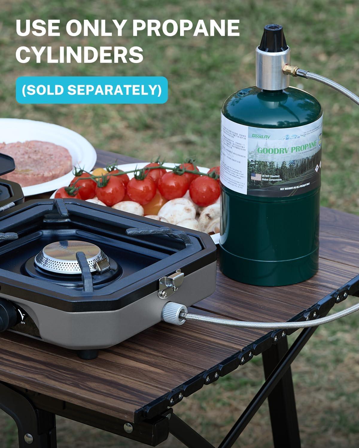 image:imageGonex 2 Burner Propane Camping Stove with Griddle amp Grates Portable Foldable Cooking Stove with Total 16000 BTU Two Piezo Ignition Adjustable Burners for Camping Patio Emergency Hiking BlackGrey