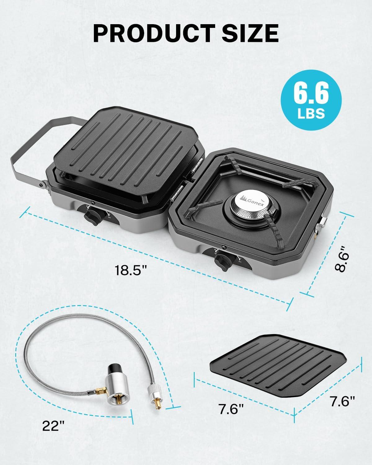 image:imageGonex 2 Burner Propane Camping Stove with Griddle amp Grates Portable Foldable Cooking Stove with Total 16000 BTU Two Piezo Ignition Adjustable Burners for Camping Patio Emergency Hiking BlackGrey