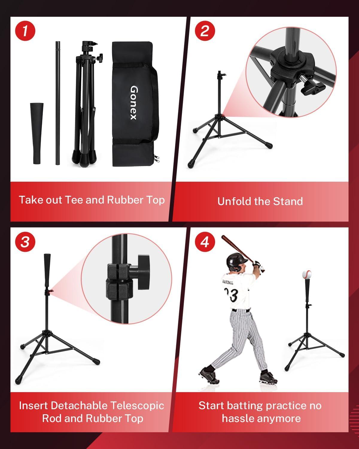 image:imageGonex Baseball Softball Practice Hitting Batting Tripod Stand Rubber Tee Collapsible Portable with Carrying BagBlack Tee