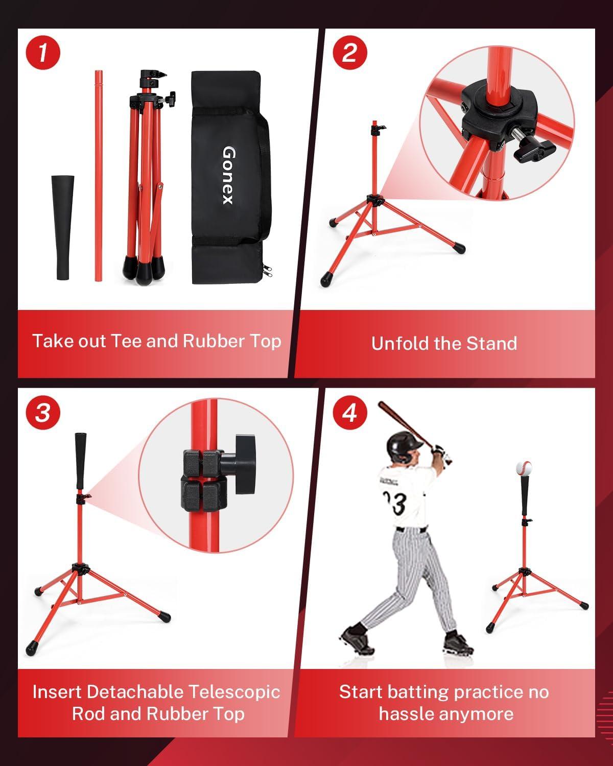 image:imageGonex Baseball Softball Practice Hitting Batting Tripod Stand Rubber Tee Collapsible Portable with Carrying BagRed Tee