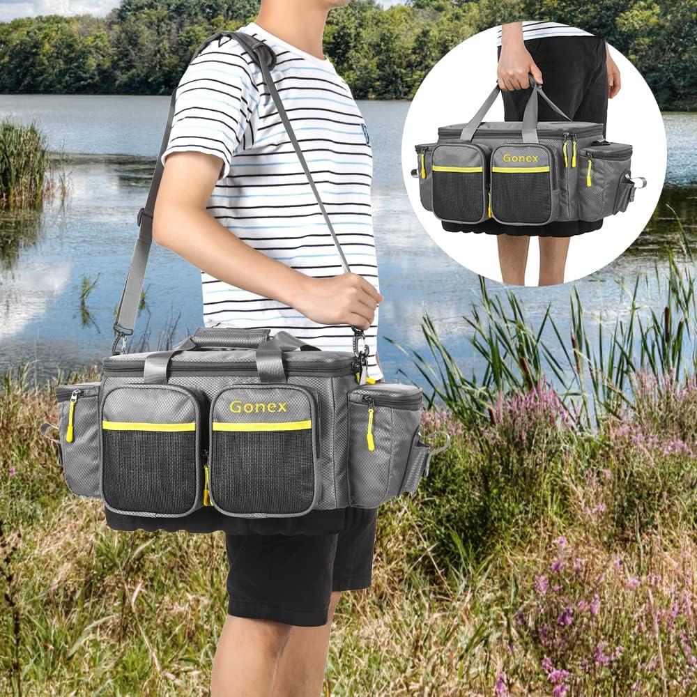 image:imageGonex Fishing Tackle Bag WaterResistant Polyester Material Fishing Tackle Storage Bag with Padded Shoulder Strap and NonSlip Base Suitable for 3600 3700 Tackle BoxGreyYellow