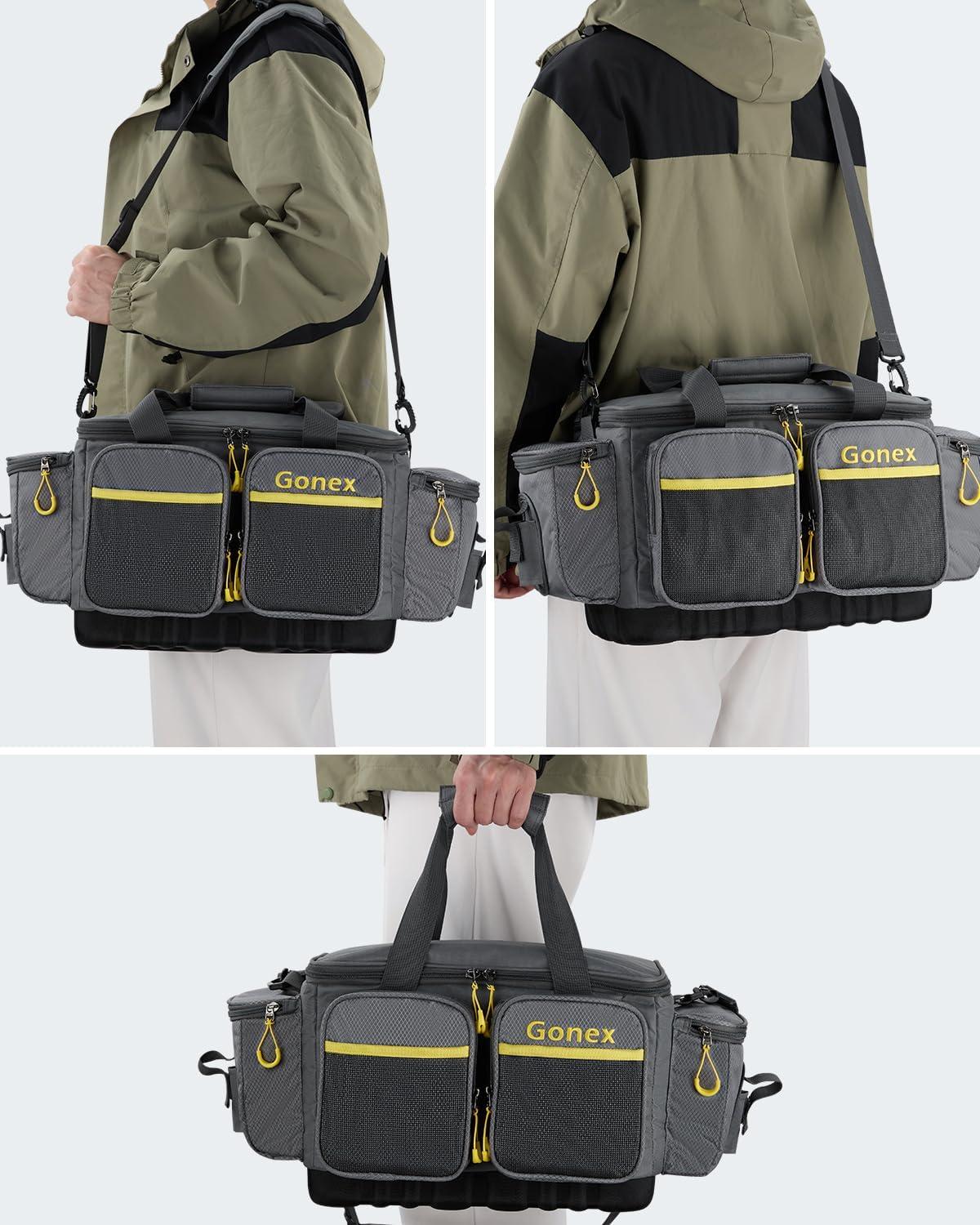 image:imageGonex Fishing Tackle Bag WaterResistant Polyester Material Fishing Tackle Storage Bag with Padded Shoulder Strap and NonSlip Base Suitable for 3600 3700 Tackle BoxGreyYellow