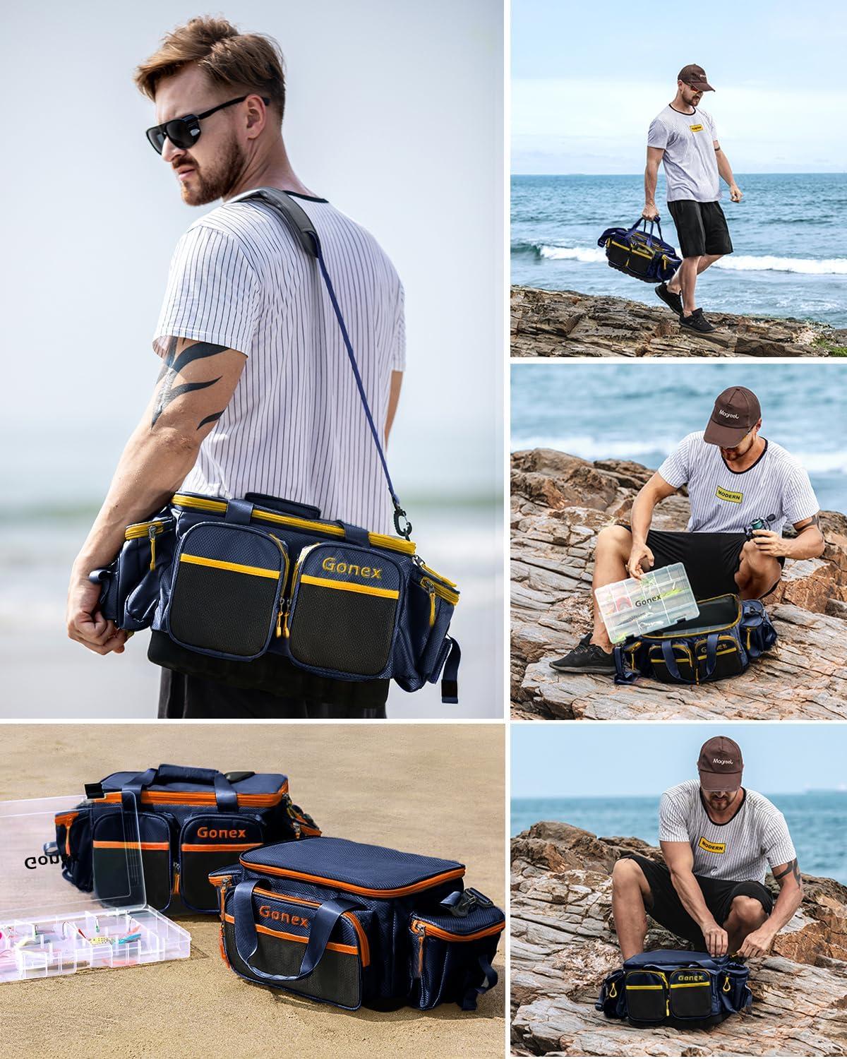image:imageGonex Fishing Tackle Bag WaterResistant Polyester Material Fishing Tackle Storage Bag with Padded Shoulder Strap and NonSlip Base Suitable for 3600 3700 Tackle BoxBlackGrey