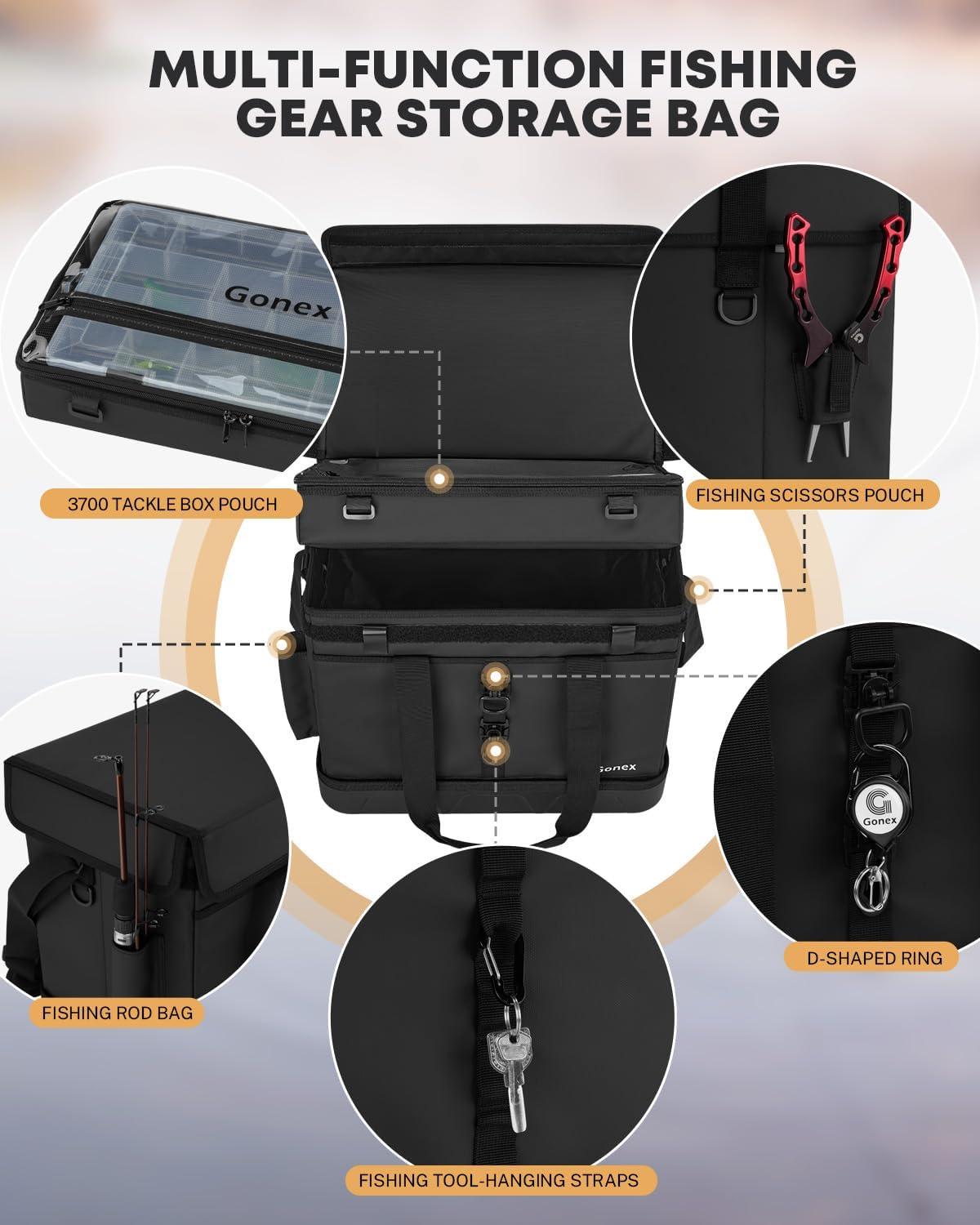 image:imageGonex Fishing Tackle Bag with Live Fish Storage for Caught Fish Waterproof Removable 3700 Box Bag Freshwater Saltwater Tackle Box OrganizerBlack