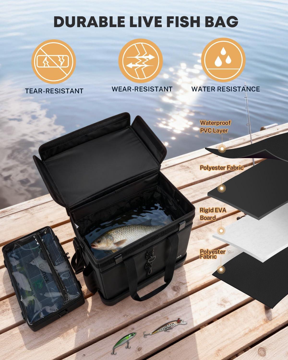 image:imageGonex Fishing Tackle Bag with Live Fish Storage for Caught Fish Waterproof Removable 3700 Box Bag Freshwater Saltwater Tackle Box OrganizerBlack