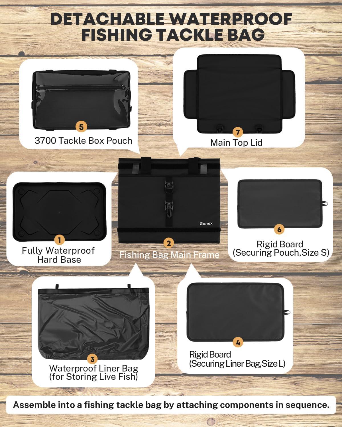 image:imageGonex Fishing Tackle Bag with Live Fish Storage for Caught Fish Waterproof Removable 3700 Box Bag Freshwater Saltwater Tackle Box OrganizerBlack