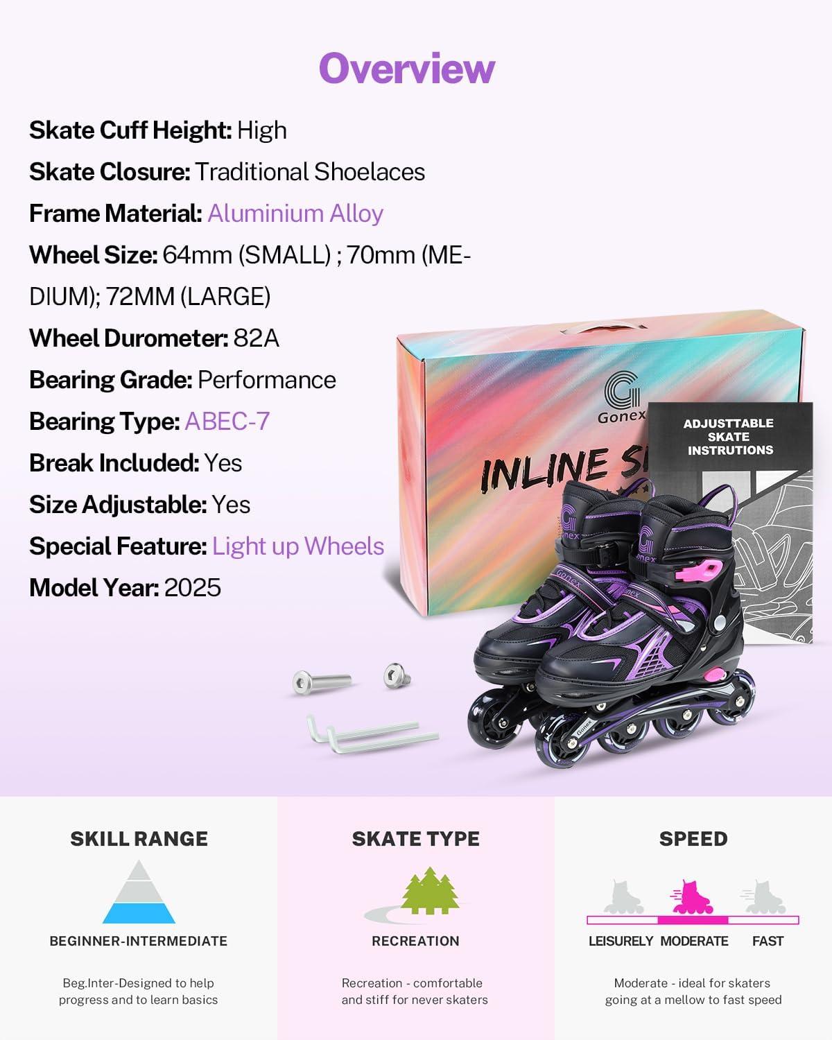 image:imageGonex Inline Skates for Girls Boys Kids Adjustable Skates Outdoor Blades Inline Roller Skates for Children Teens Women with Light Up Wheels for Indoor Outdoor Backyard SkatingPurple