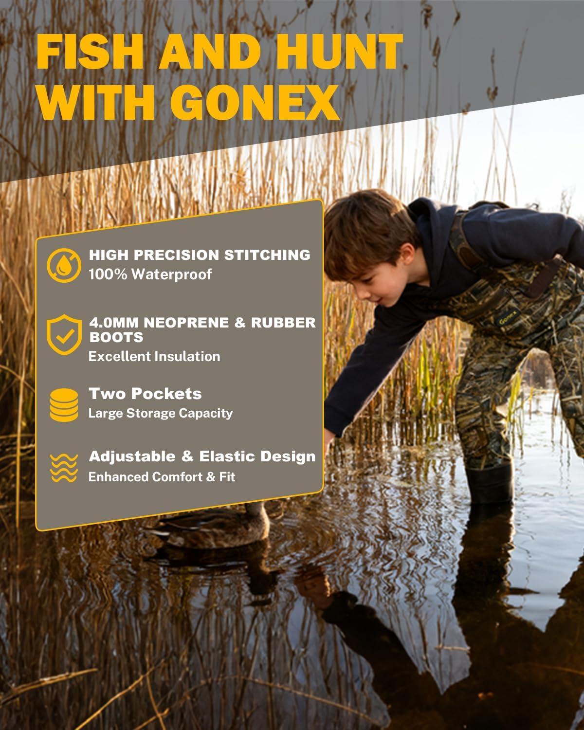image:imageGonex Kids Chest Waders for Youth Children Neoprene Waterproof Hunting Fishing Waders with Insulated Boots for Boys GirlsNext Camo Evos Brown