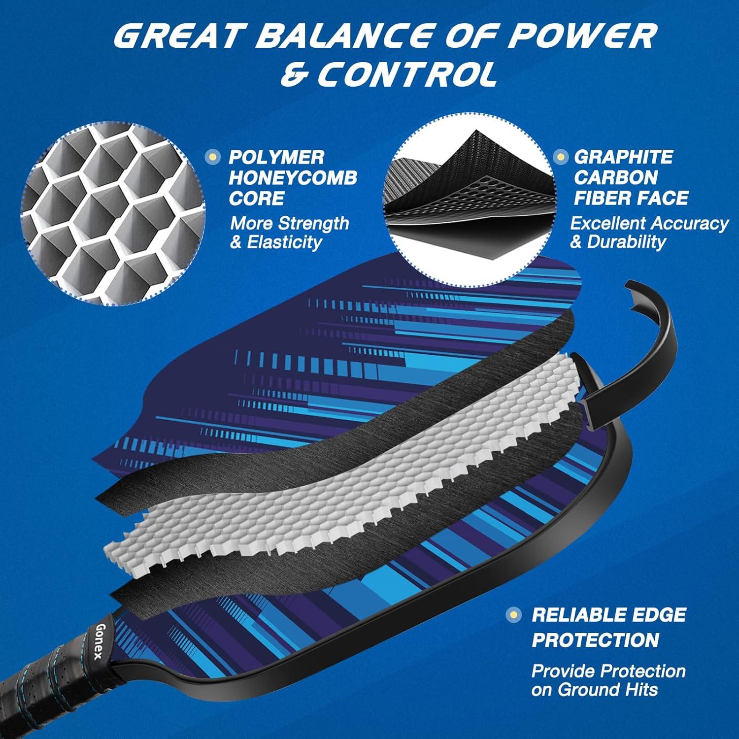 image:imageGonex Pickleball Paddles USAPA Approved Graphite Pickleball Rackets with Comfort Grip Carbon Fiber Pickleball Set of 24 Paddles with 4 Balls Portable Carry BagCBlue 2Packs
