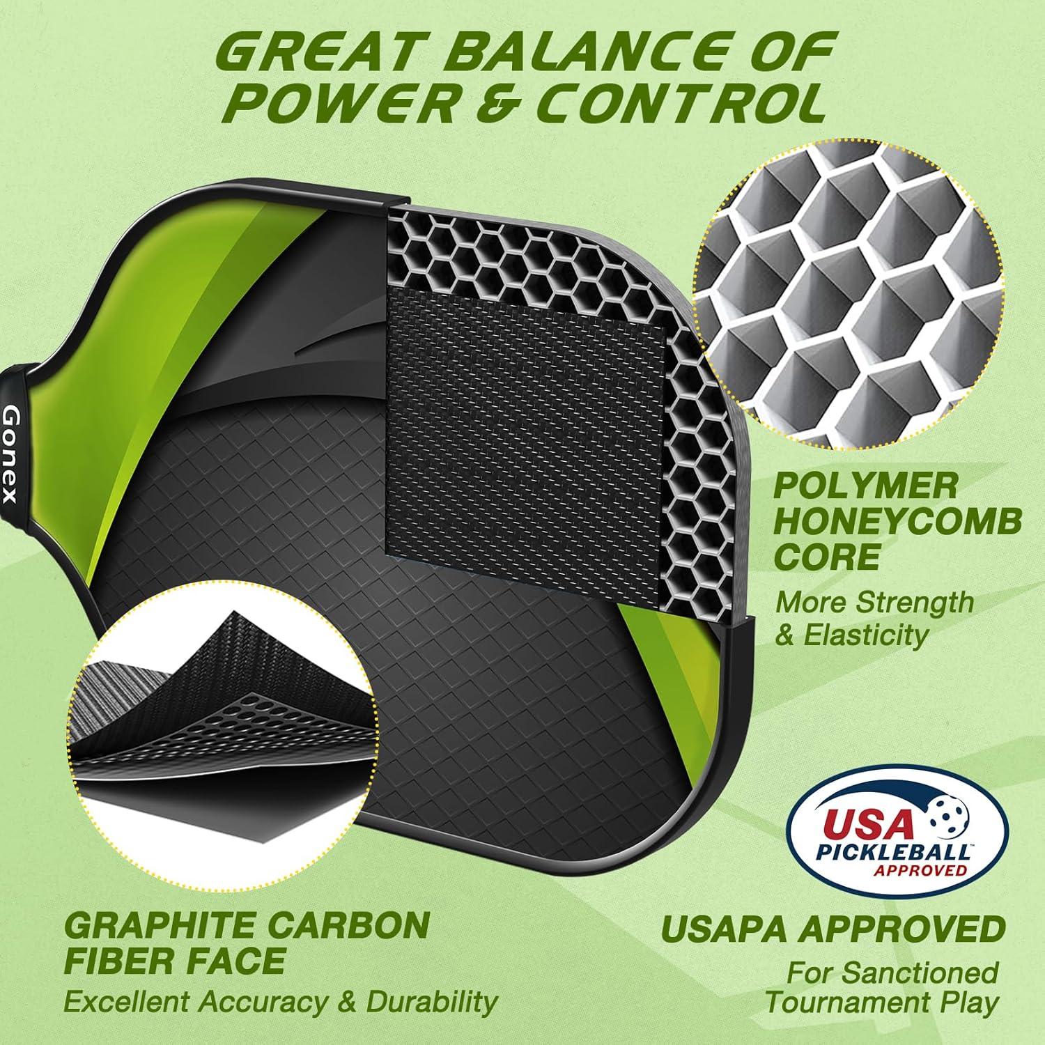 image:imageGonex Pickleball Paddles USAPA Approved Graphite Pickleball Rackets with Comfort Grip Carbon Fiber Pickleball Set of 24 Paddles with 4 Balls Portable Carry BagABlack Yellow 2Packs USAPA