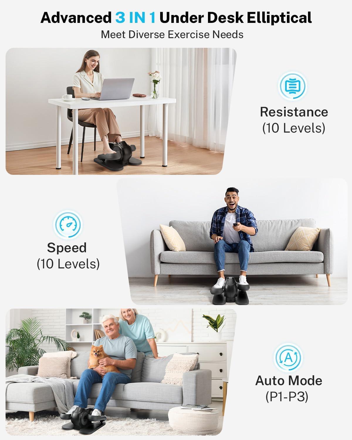 image:imageGonex Under Desk Elliptical Exercise Machine Electric Sitting Seated Leg Pedal Exerciser with Resistance for Seniors Elderly Home 3 in 1 Mini Equipment with Remote 10 Manual Resistance 10 Auto SpeedsBlack