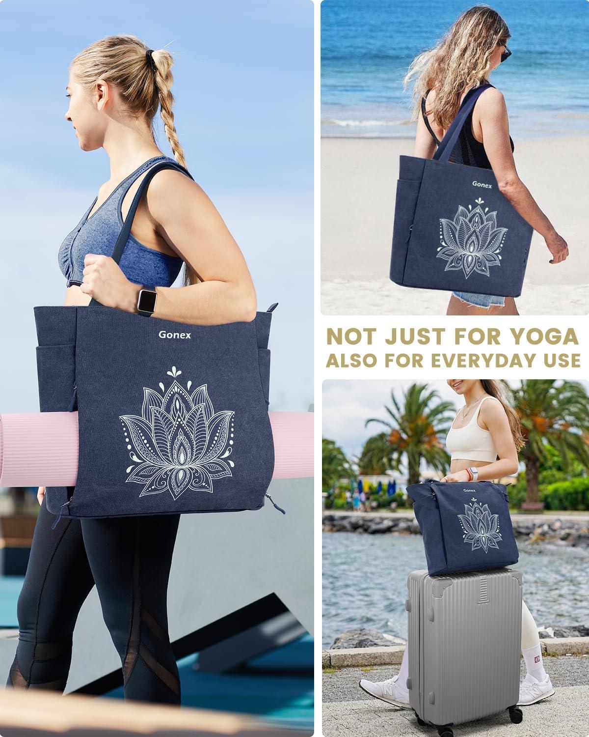image:imageGonex Yoga Mat Bag Large Tote Bag with Multi Pockets for Women Men Canvas Mat Carrier Full Zipper Easy Access for Pilates Gym TravelBlue