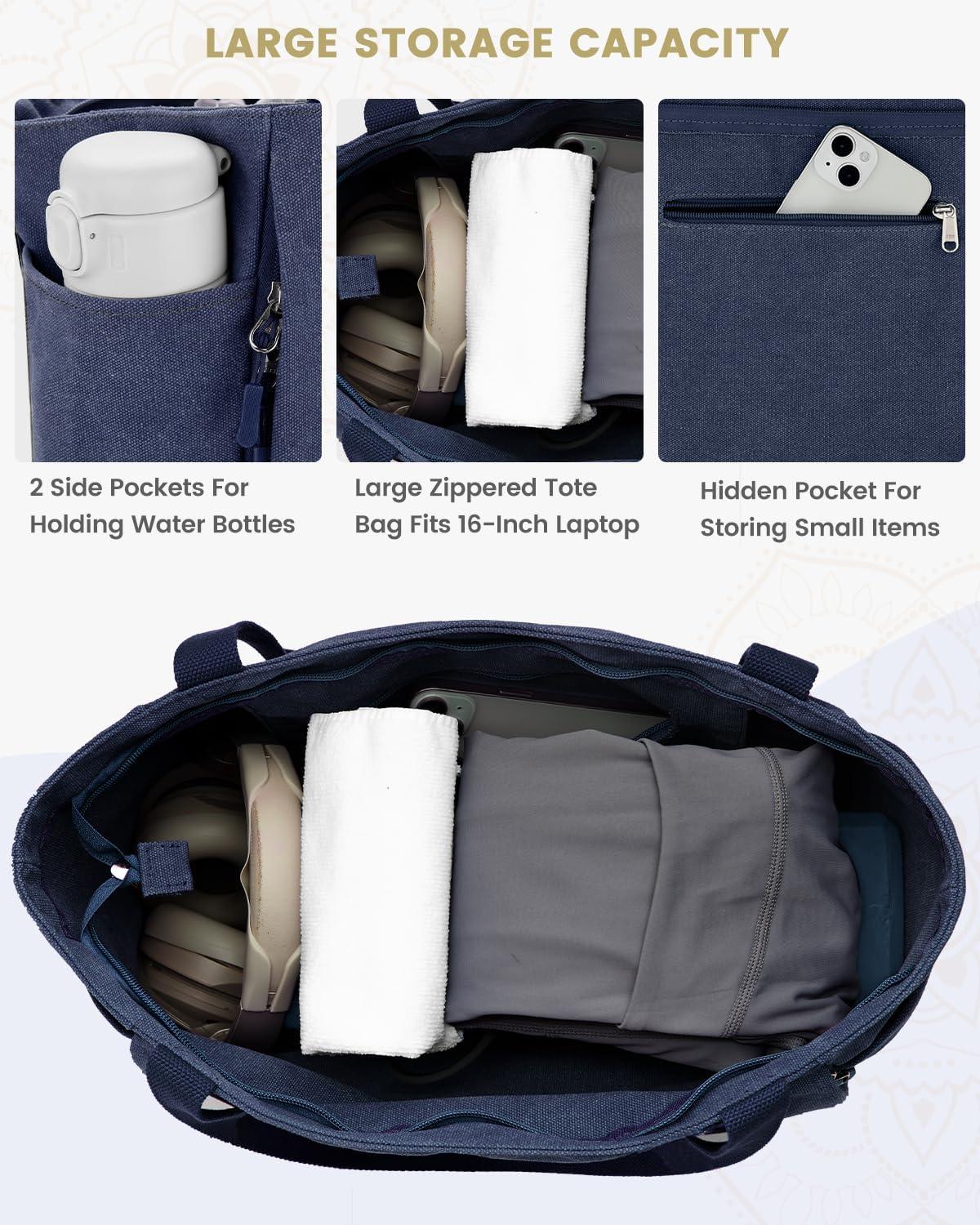 image:imageGonex Yoga Mat Bag Large Tote Bag with Multi Pockets for Women Men Canvas Mat Carrier Full Zipper Easy Access for Pilates Gym TravelBlue