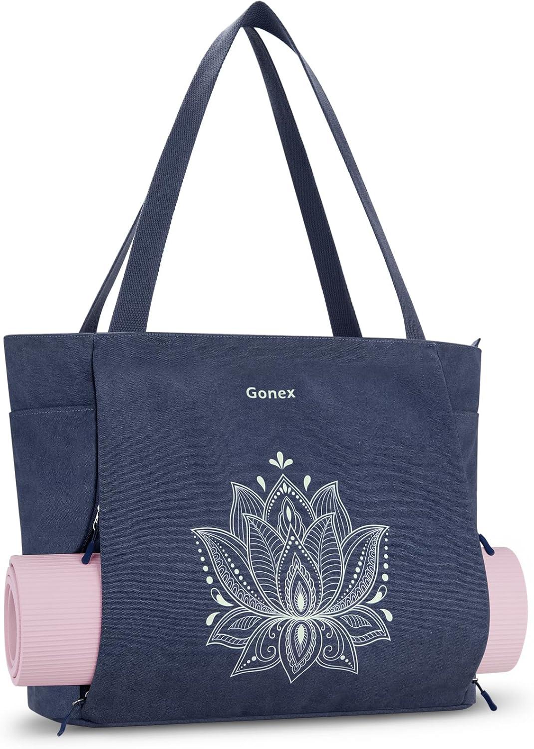 image:imageGonex Yoga Mat Bag Large Tote Bag with Multi Pockets for Women Men Canvas Mat Carrier Full Zipper Easy Access for Pilates Gym TravelBlue