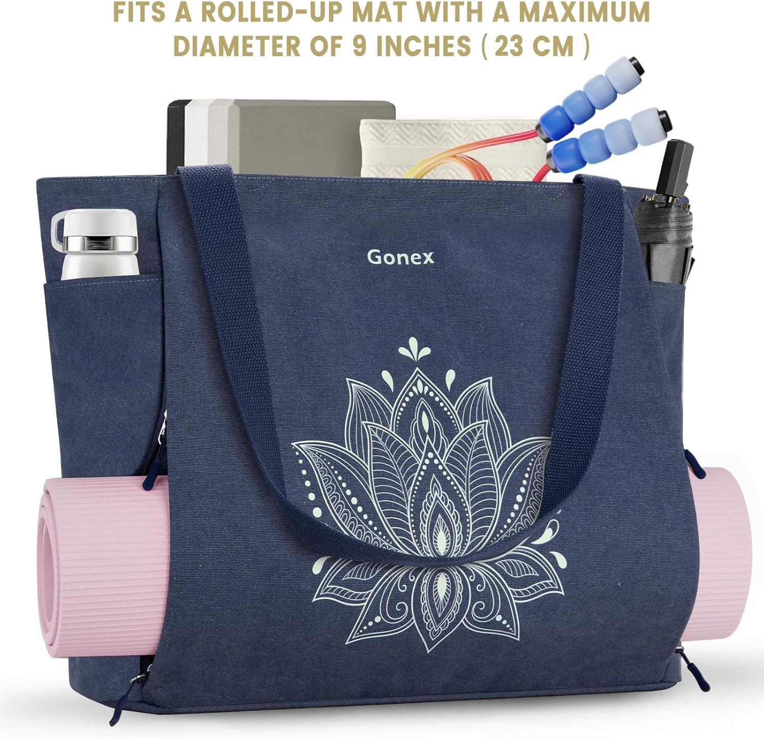 image:imageGonex Yoga Mat Bag Large Tote Bag with Multi Pockets for Women Men Canvas Mat Carrier Full Zipper Easy Access for Pilates Gym TravelBlue