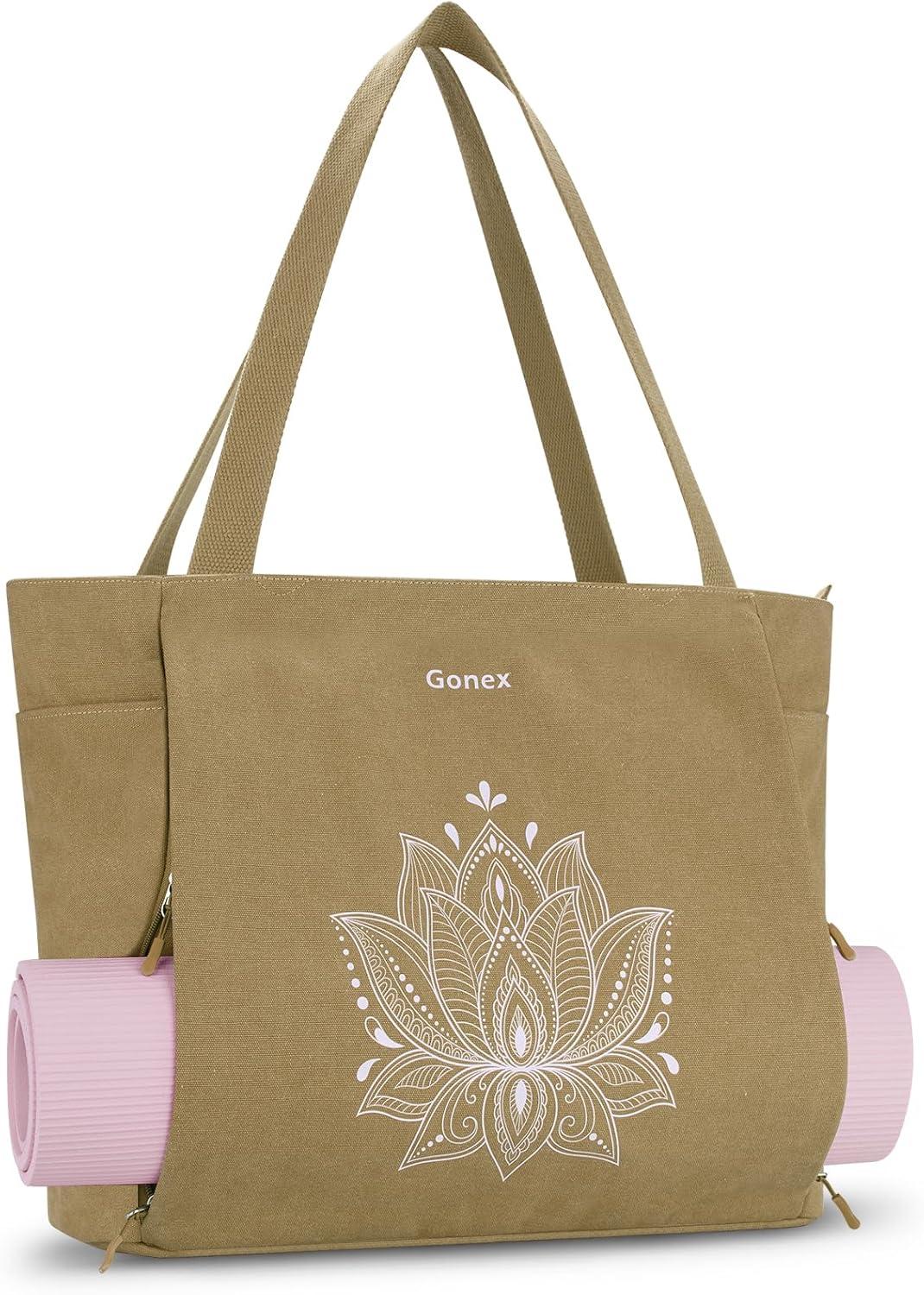 image:imageGonex Yoga Mat Bag Large Tote Bag with Multi Pockets for Women Men Canvas Mat Carrier Full Zipper Easy Access for Pilates Gym TravelDark Khaki