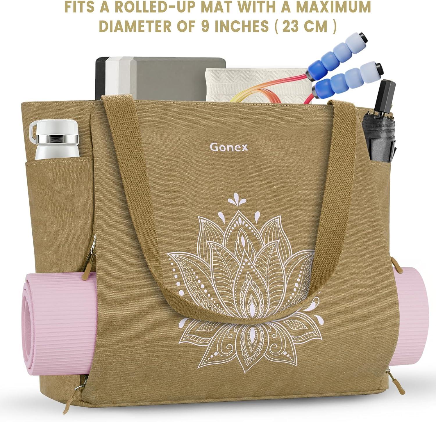 image:imageGonex Yoga Mat Bag Large Tote Bag with Multi Pockets for Women Men Canvas Mat Carrier Full Zipper Easy Access for Pilates Gym TravelDark Khaki