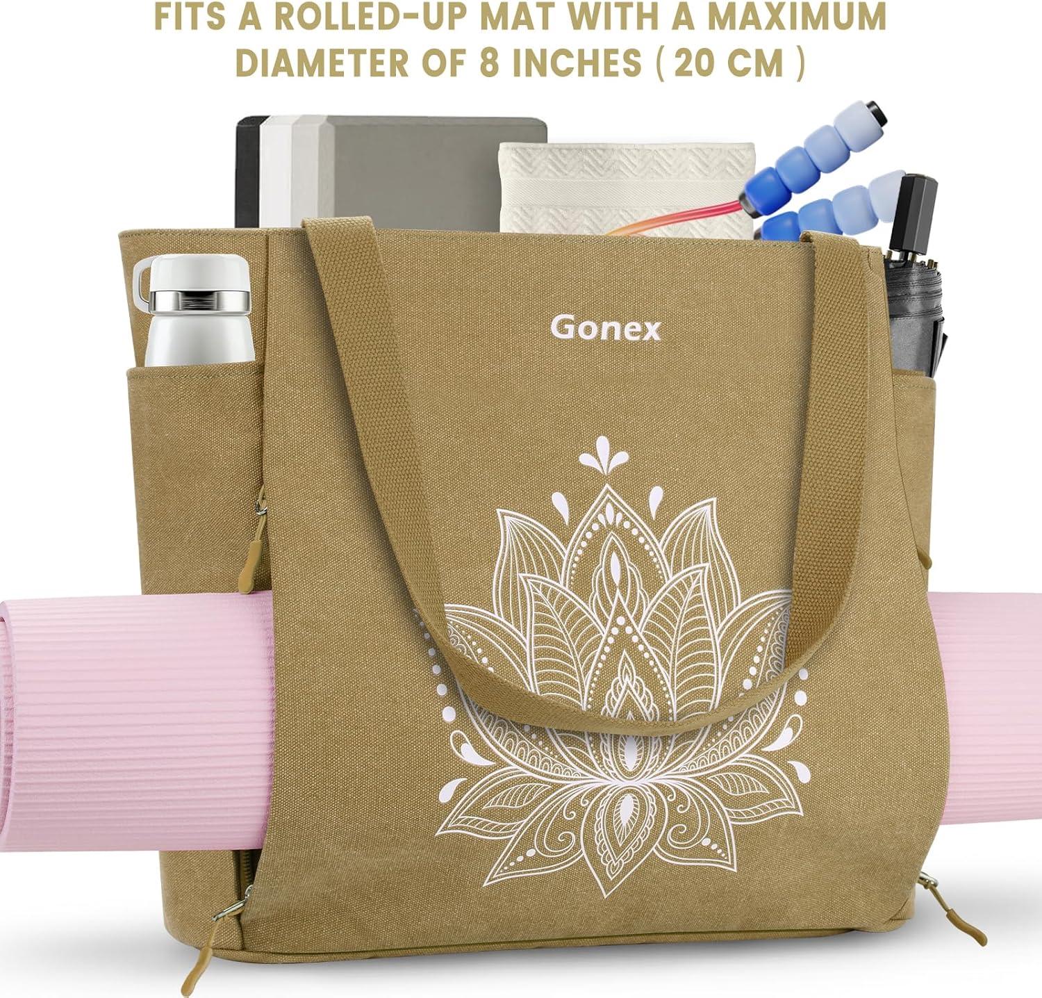 image:imageGonex Yoga Mat Bag Large Tote Bag with Multi Pockets for Women Men Canvas Mat Carrier Full Zipper Easy Access for Pilates Gym TravelDark Khaki