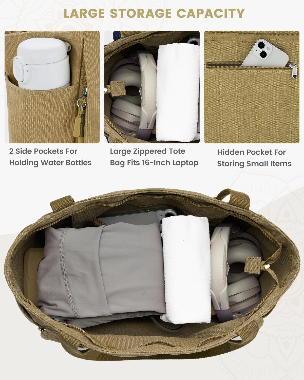image:imageGonex Yoga Mat Bag Large Tote Bag with Multi Pockets for Women Men Canvas Mat Carrier Full Zipper Easy Access for Pilates Gym TravelDark Khaki