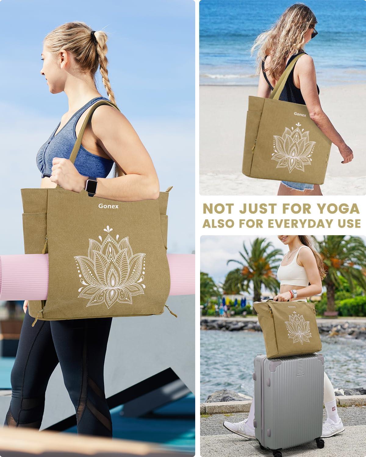 image:imageGonex Yoga Mat Bag Large Tote Bag with Multi Pockets for Women Men Canvas Mat Carrier Full Zipper Easy Access for Pilates Gym TravelDark Khaki