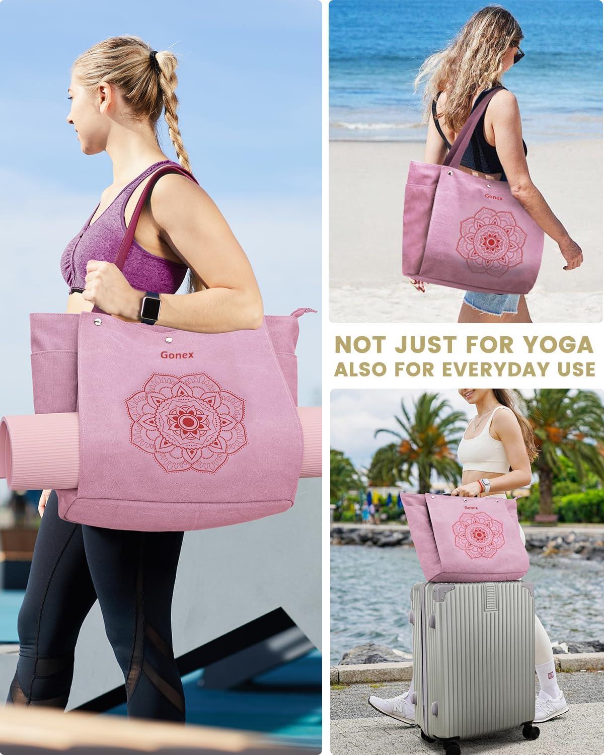 image:imageGonex Yoga Mat Bag Yoga Gym Bag Tote Bag with Multi Pockets For Women Men Canvas Yoga Mat Carrier Take in Out Mat Easily For Pilates Travel Workout OfficePink