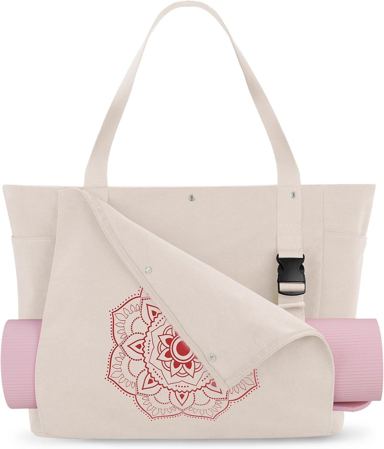 image:imageGonex Yoga Mat Bag Yoga Gym Bag Tote Bag with Multi Pockets For Women Men Canvas Yoga Mat Carrier Take in Out Mat Easily For Pilates Travel Workout OfficeBeige