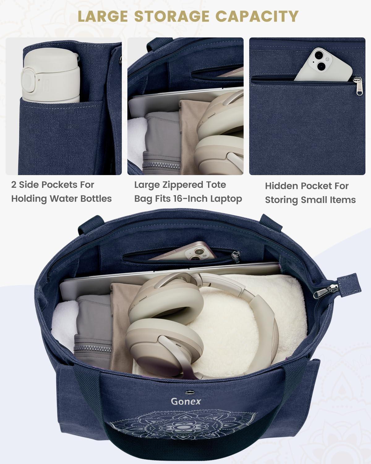 image:imageGonex Yoga Mat Bag Yoga Gym Bag Tote Bag with Multi Pockets For Women Men Canvas Yoga Mat Carrier Take in Out Mat Easily For Pilates Travel Workout OfficeBlue