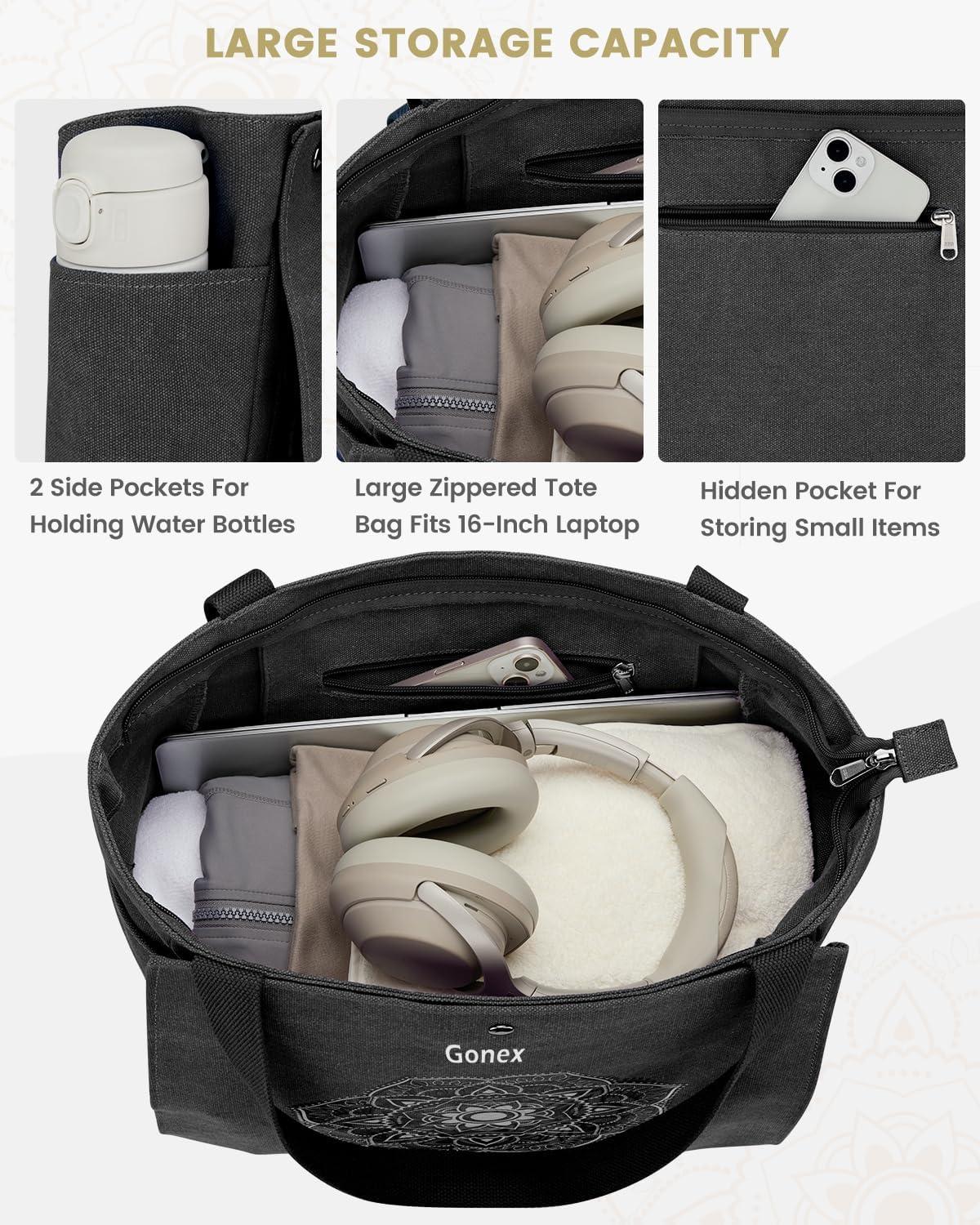 image:imageGonex Yoga Mat Bag Yoga Gym Bag Tote Bag with Multi Pockets For Women Men Canvas Yoga Mat Carrier Take in Out Mat Easily For Pilates Travel Workout OfficeBlack
