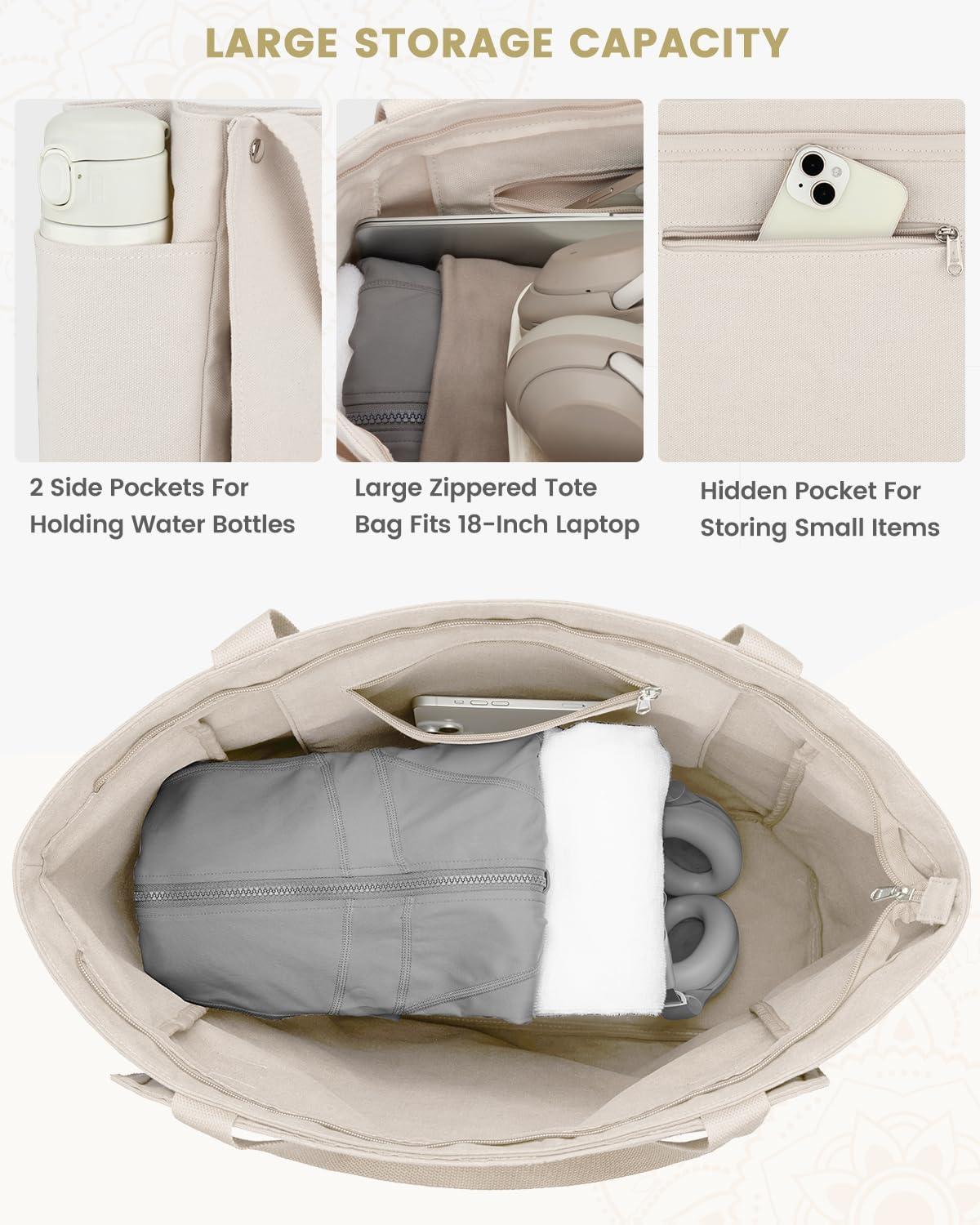 image:imageGonex Yoga Mat Bag Yoga Gym Bag Tote Bag with Multi Pockets For Women Men Canvas Yoga Mat Carrier Take in Out Mat Easily For Pilates Travel Workout OfficeBeige