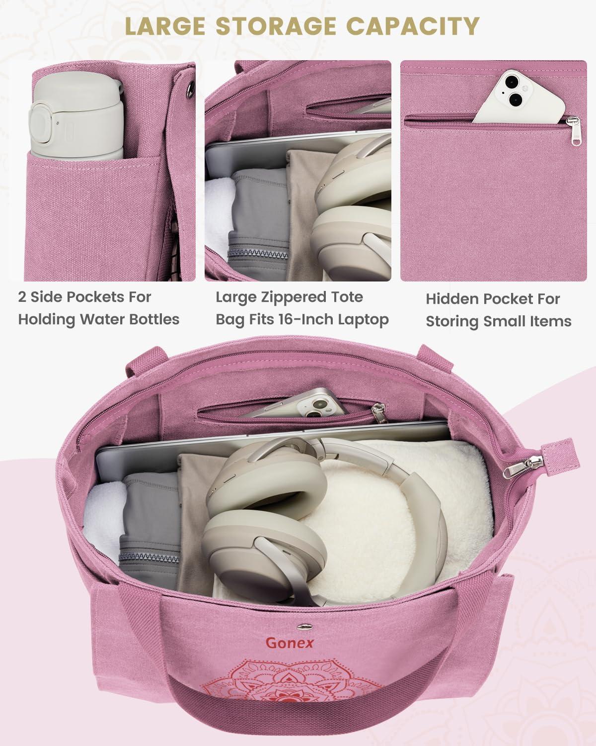 image:imageGonex Yoga Mat Bag Yoga Gym Bag Tote Bag with Multi Pockets For Women Men Canvas Yoga Mat Carrier Take in Out Mat Easily For Pilates Travel Workout OfficePink