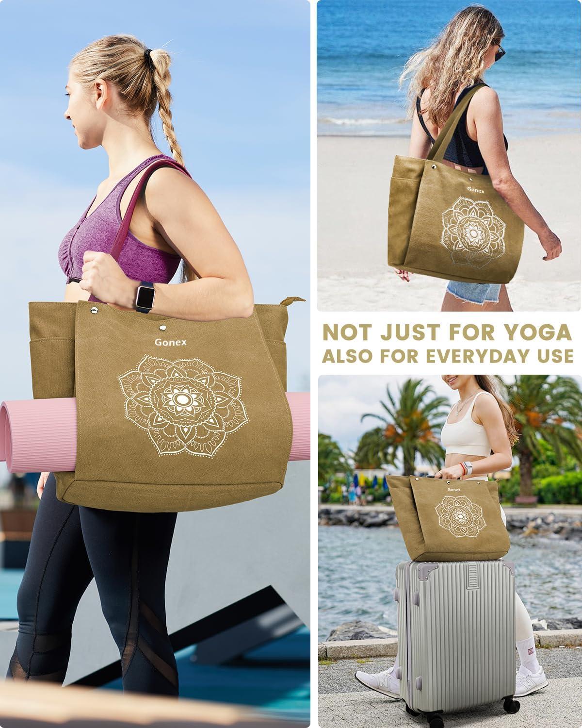 image:imageGonex Yoga Mat Bag Yoga Gym Bag Tote Bag with Multi Pockets For Women Men Canvas Yoga Mat Carrier Take in Out Mat Easily For Pilates Travel Workout OfficeDark Khaki