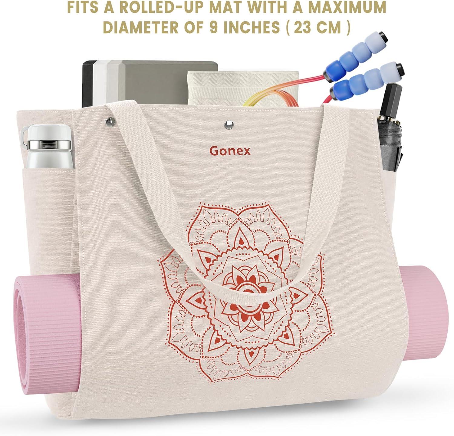 image:imageGonex Yoga Mat Bag Yoga Gym Bag Tote Bag with Multi Pockets For Women Men Canvas Yoga Mat Carrier Take in Out Mat Easily For Pilates Travel Workout OfficeBeige